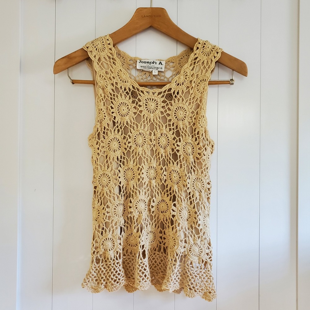 Vintage 90s Y2K Tan Crochet Open Knit Floral Tank Top Large Lined Phoebe Buffay
